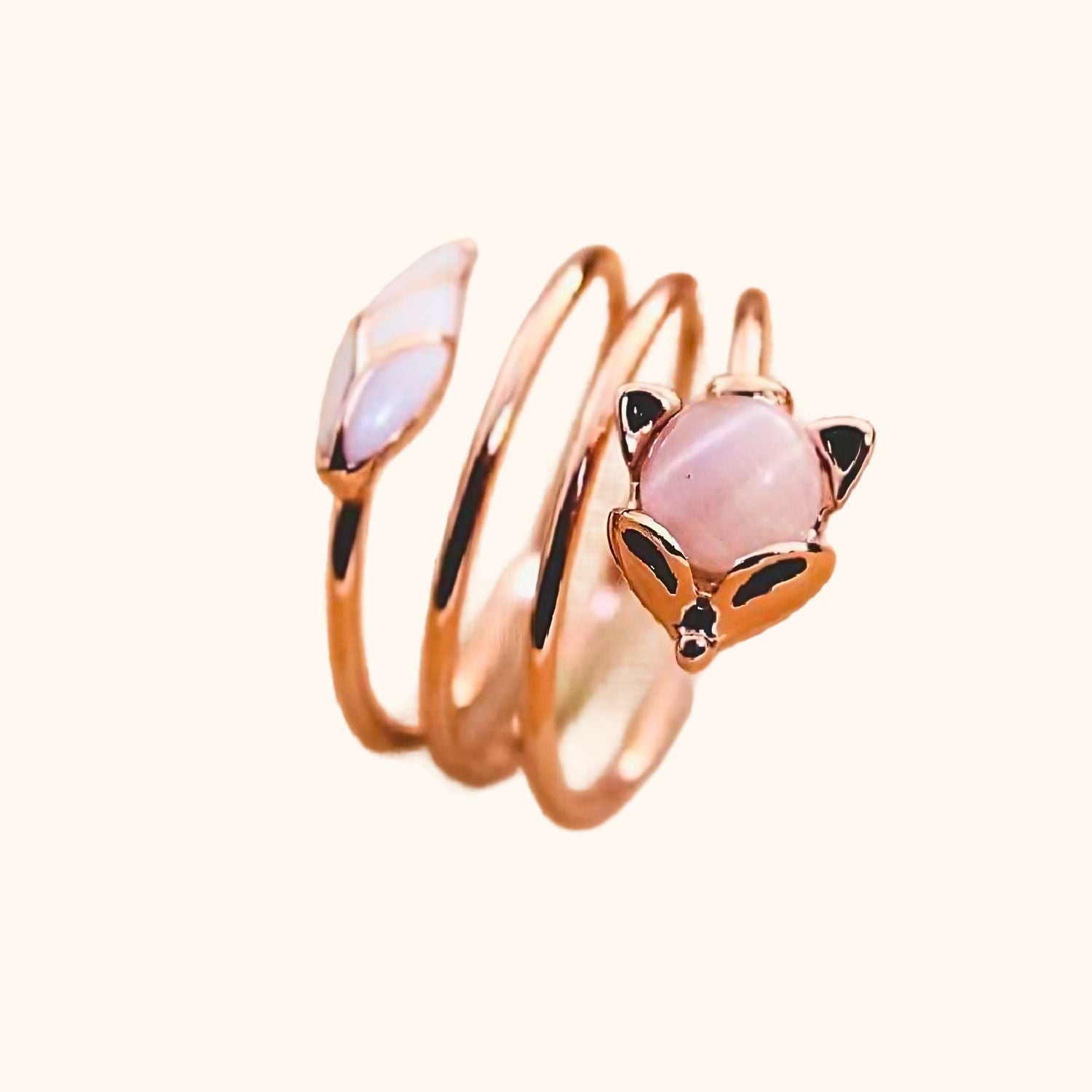 Bague renard et pierre de lune rose