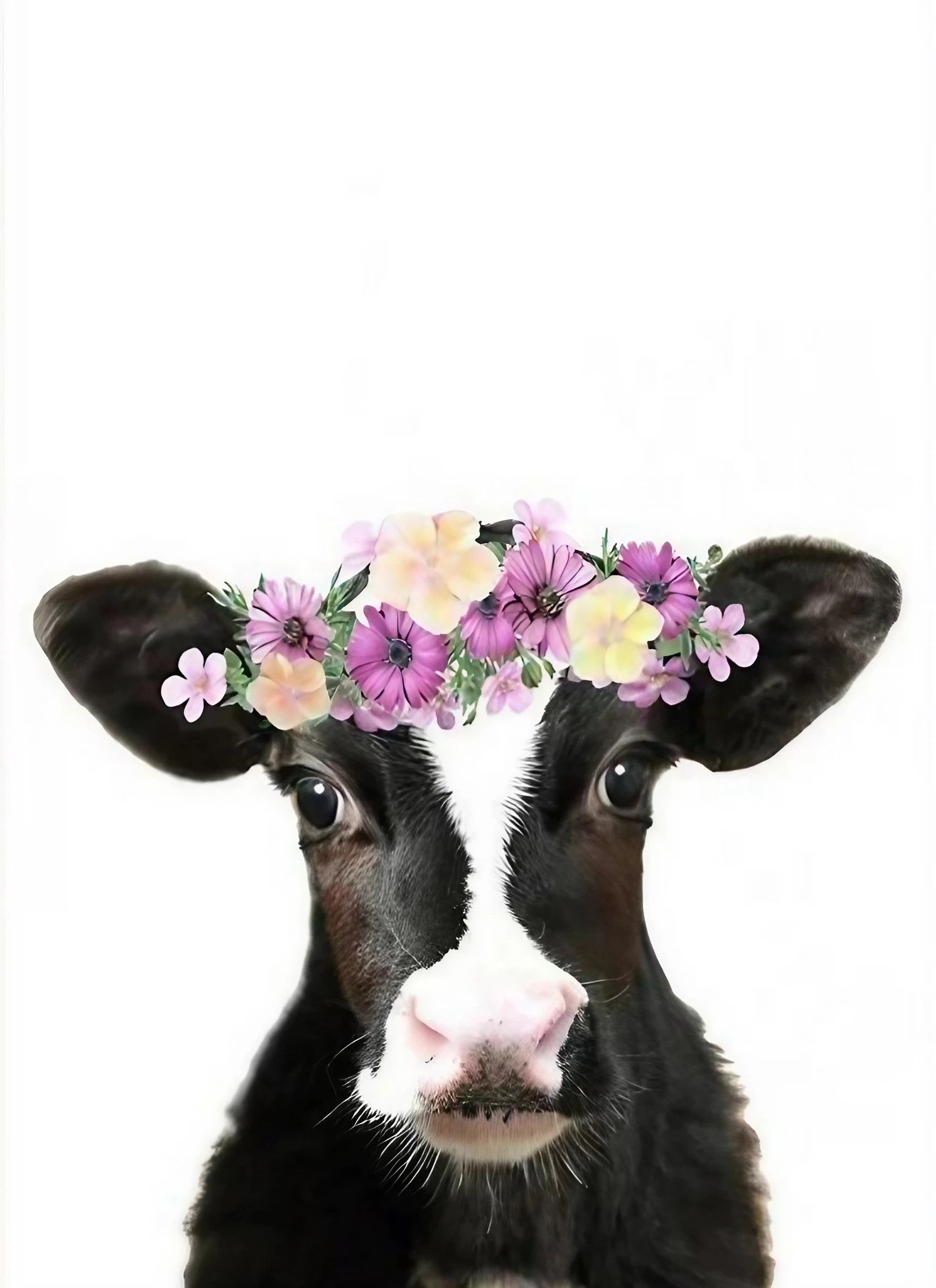 Tableau vache avec couronne de fleurs