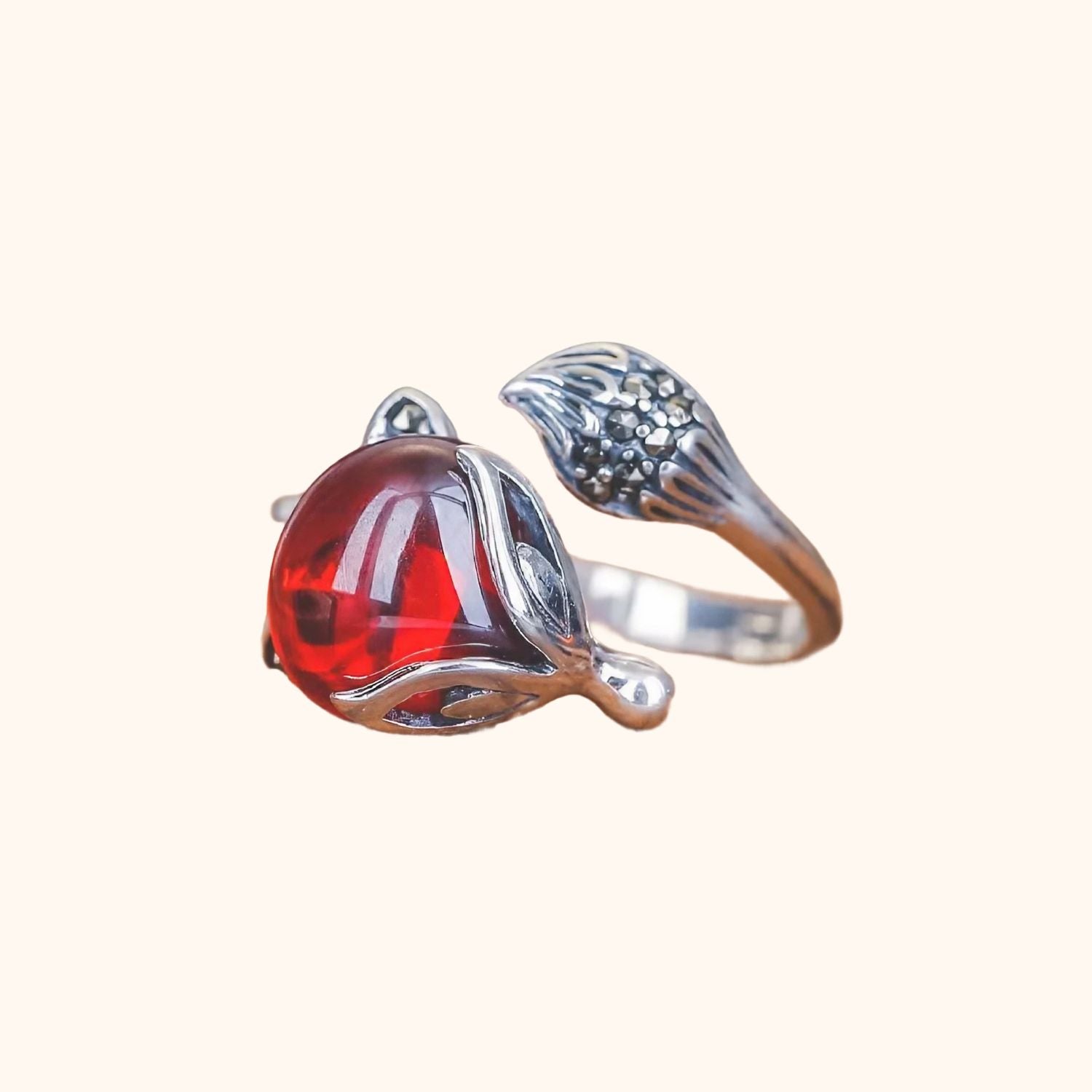 Bague tête de renard rouge en argent véritable