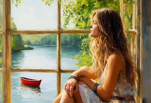 Eh bien, on dirait qu'la p'tite demoiselle a trouvé son p'tit coin d'paradis, assise à cette fenêtre, regardant l'rivière paisible et ce bateau rouge flottant doucement, entourée par la nature en fleurs