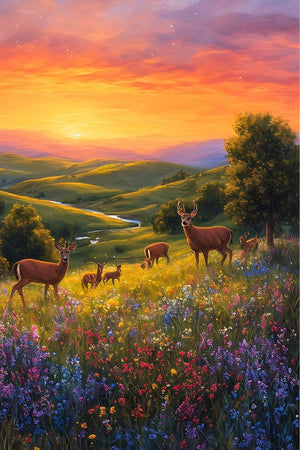 Dans la lumière dorée du crépuscule, une prairie de fleurs éclatantes s'étend à perte de vue, accueillant majestueusement des cerfs gracieux