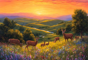 Dans la lumière dorée du crépuscule, une prairie de fleurs éclatantes s'étend à perte de vue, accueillant majestueusement des cerfs gracieux