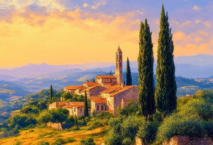 Sous le soleil couchant, le sentier de pierres s’enroule parmi les lavandes en fleurs, menant vers un village ancien qui semble suspendu dans le temps, un havre de paix où la lumière caresse doucement chaque pierre