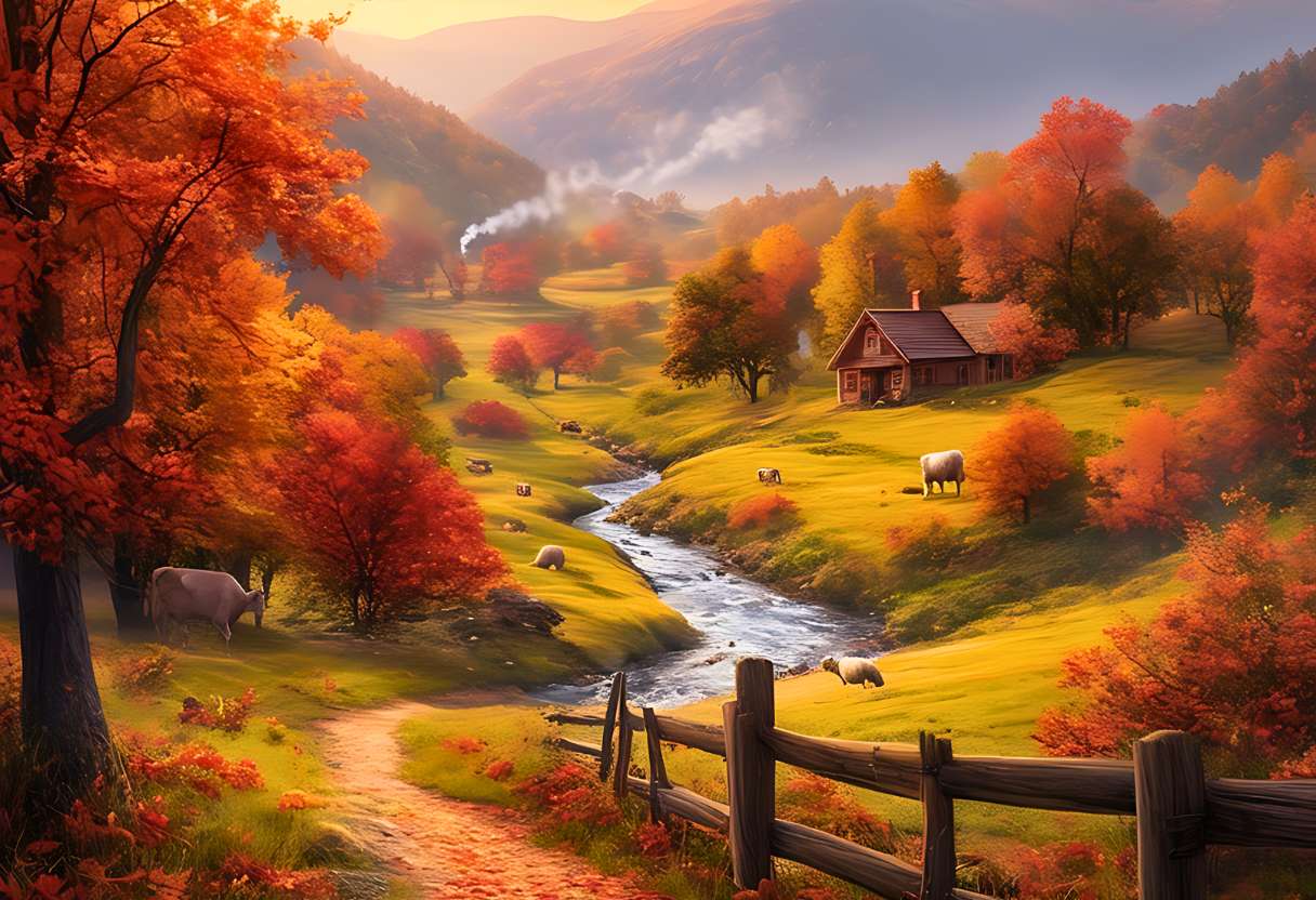 Un chemin bordé de feuilles rouges et dorées serpente vers une cabane pittoresque, tandis qu'une rivière scintillante traverse des prairies paisibles où les vaches se prélassent sous un ciel d'automne éclatant