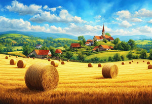 Un village pittoresque se dresse au cœur de champs dorés, où les ballots de paille parsèment le paysage sous un ciel azur et infini