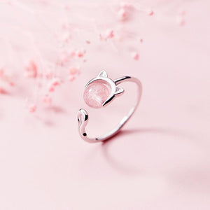 Bague chat argentée et pierre rose - Le Petit Fermier