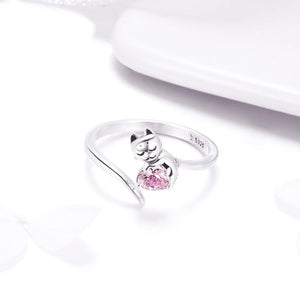 Bague chat en argent & cœur rose - Le Petit Fermier