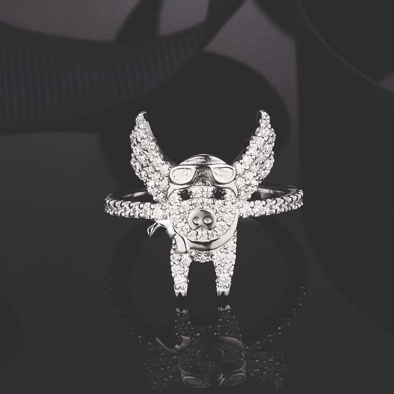 Bague cochon aviateur en argent véritable - Le Petit Fermier