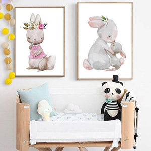 Tableau lapin avec robe rose et couronne de fleurs - Le Petit Fermier