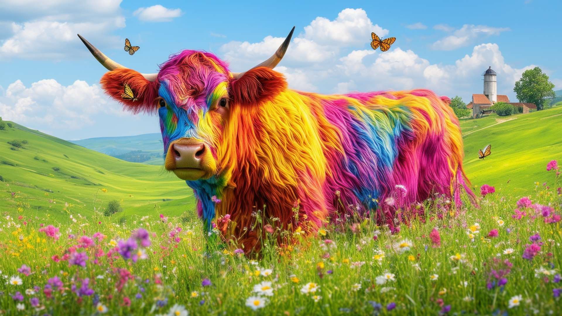 Une vache colorée dans une prairie au printemps