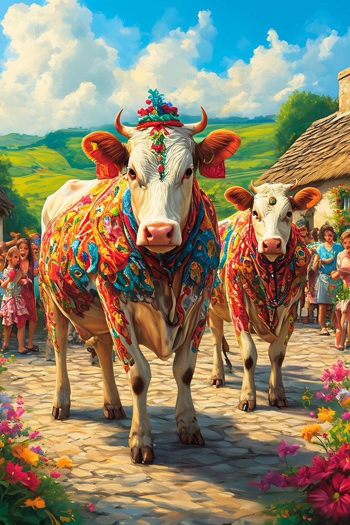 Sous le soleil éclatant, nos vaches ornées de parures florales défilent fièrement, transformant la campagne en une scène de féérie rurale