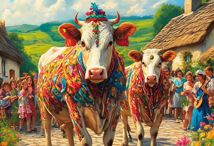 Sous le soleil éclatant, nos vaches ornées de parures florales défilent fièrement, transformant la campagne en une scène de féérie rurale