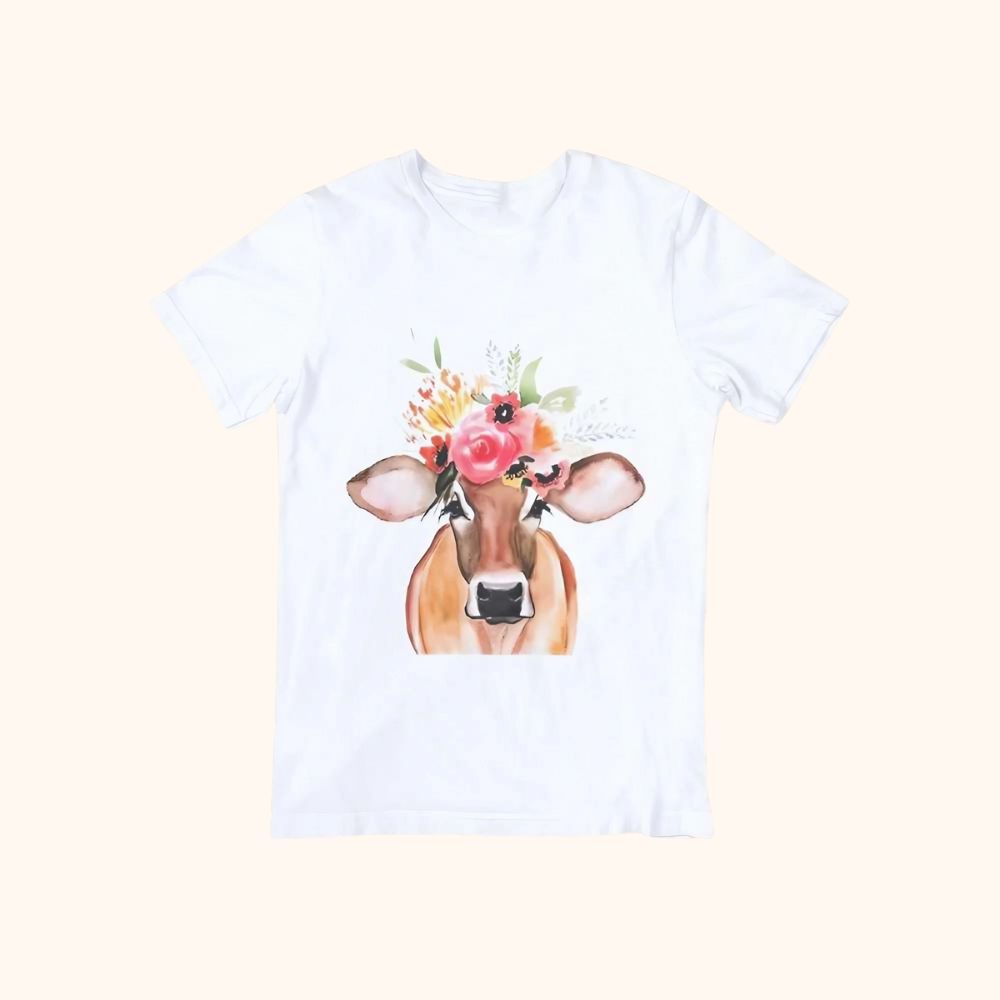 T-shirt vache limousine avec bouquet de fleurs