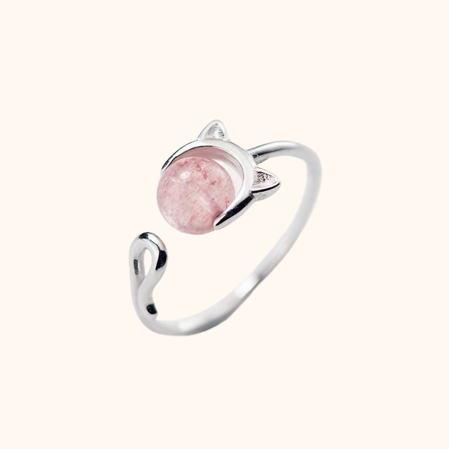 Bague chat argentée et pierre rose