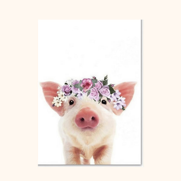 Tableau cochon avec couronne de fleurs