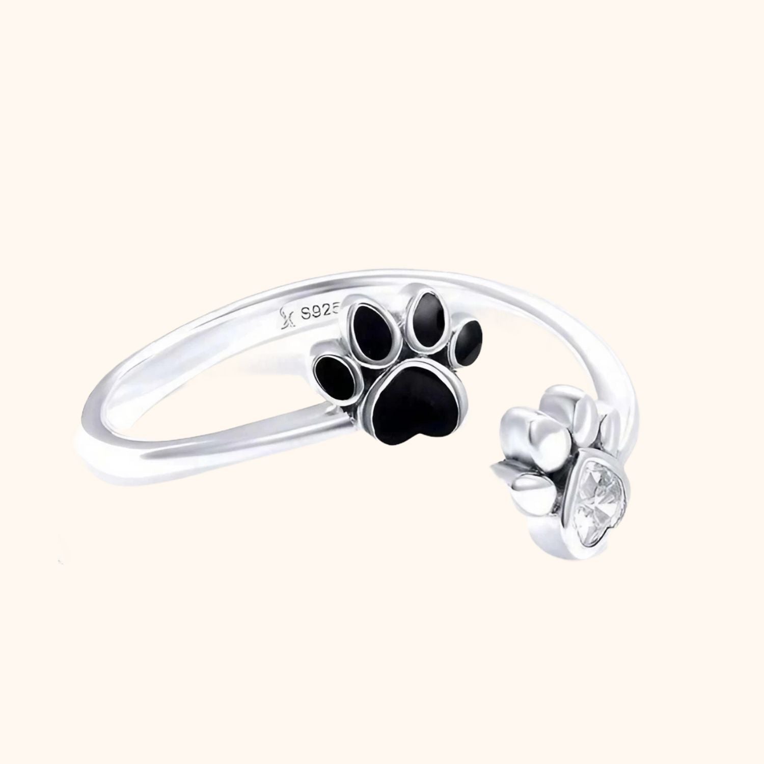 Bague en argent patte de chat noire et grise