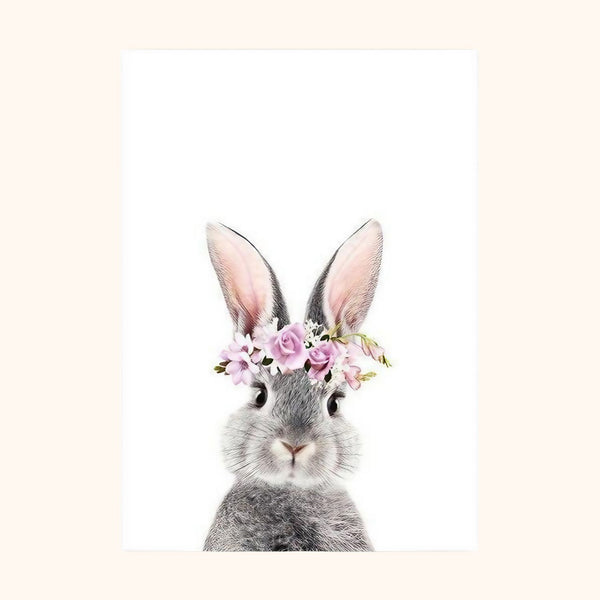 Tableau lapin gris et couronne de fleurs
