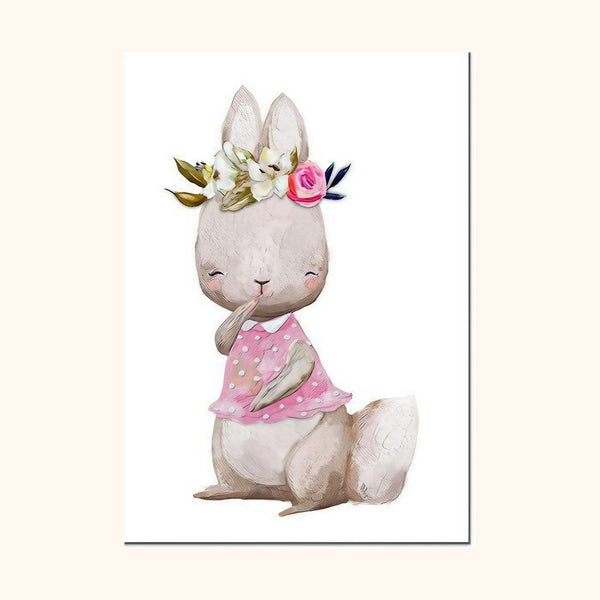 Tableau lapin avec robe rose et couronne de fleurs