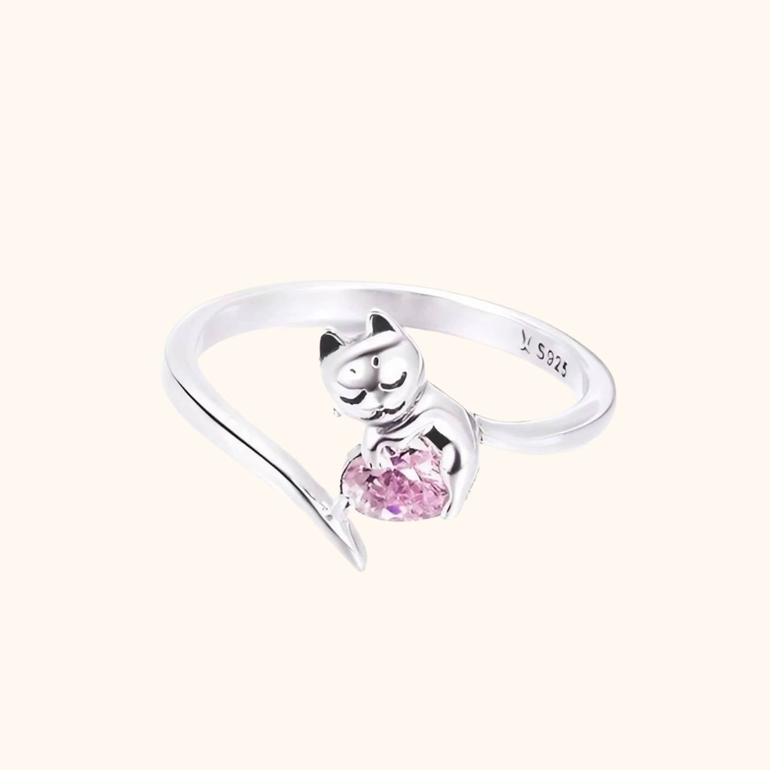 Bague chat en argent & cœur rose