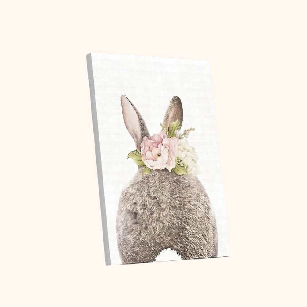 Tableau lapin de dos et couronne de fleurs
