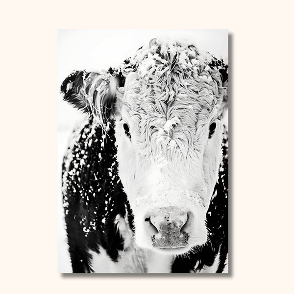 Tableau noir et blanc la vache sous la neige