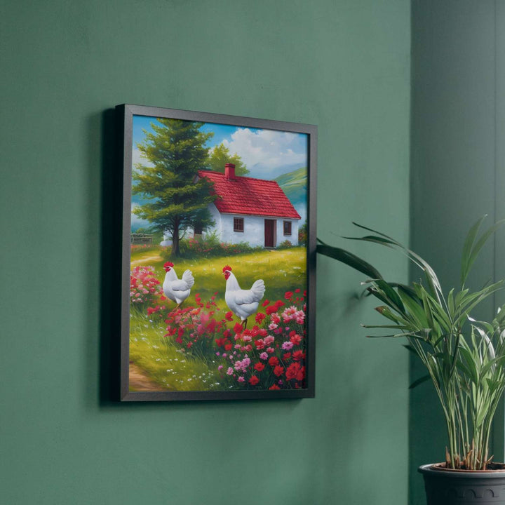 Un sentier fleuri mène à une charmante maison au toit rouge, nichée au cœur d'un paysage verdoyant et paisible, où règne une parfaite harmonie champêtre