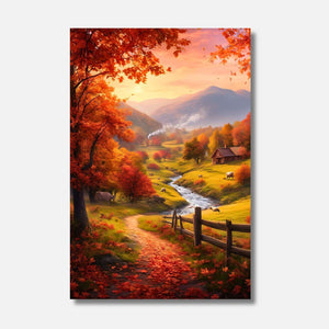 Un chemin bordé de feuilles rouges et dorées serpente vers une cabane pittoresque, tandis qu'une rivière scintillante traverse des prairies paisibles où les vaches se prélassent sous un ciel d'automne éclatant