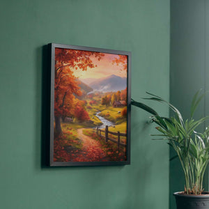 Un chemin bordé de feuilles rouges et dorées serpente vers une cabane pittoresque, tandis qu'une rivière scintillante traverse des prairies paisibles où les vaches se prélassent sous un ciel d'automne éclatant