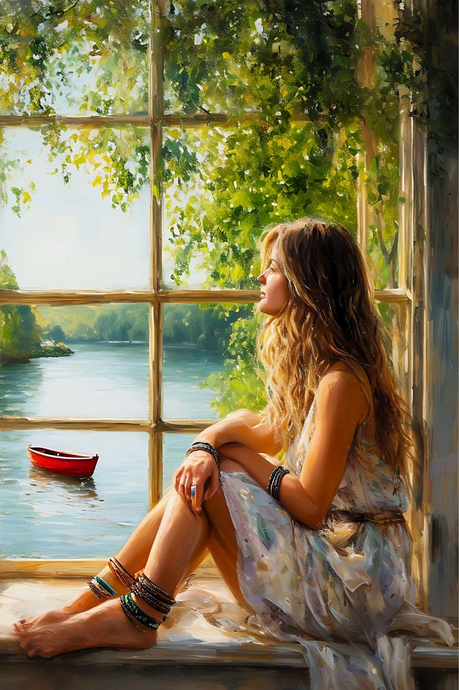 Eh bien, on dirait qu'la p'tite demoiselle a trouvé son p'tit coin d'paradis, assise à cette fenêtre, regardant l'rivière paisible et ce bateau rouge flottant doucement, entourée par la nature en fleurs