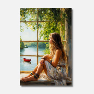 Eh bien, on dirait qu'la p'tite demoiselle a trouvé son p'tit coin d'paradis, assise à cette fenêtre, regardant l'rivière paisible et ce bateau rouge flottant doucement, entourée par la nature en fleurs