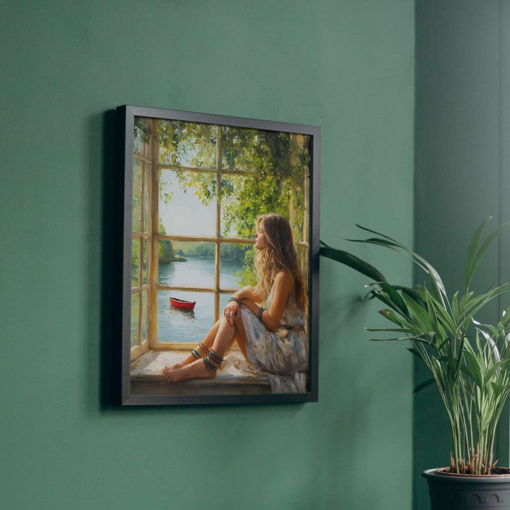 Eh bien, on dirait qu'la p'tite demoiselle a trouvé son p'tit coin d'paradis, assise à cette fenêtre, regardant l'rivière paisible et ce bateau rouge flottant doucement, entourée par la nature en fleurs