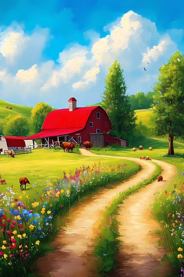 Telle une peinture divine, cette ferme paisible s'étend sous un ciel azur, où chaque brin d'herbe et chaque fleur racontent des histoires de calme et de sérénité, comme des vagues douces sur un océan vert