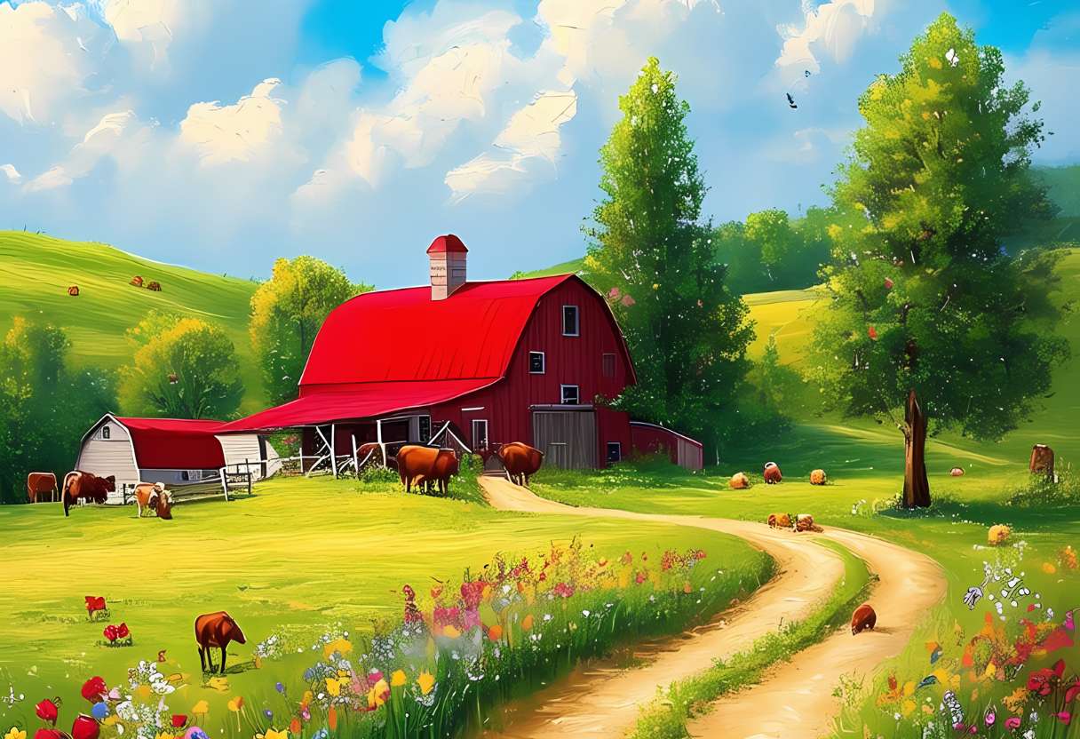 Telle une peinture divine, cette ferme paisible s'étend sous un ciel azur, où chaque brin d'herbe et chaque fleur racontent des histoires de calme et de sérénité, comme des vagues douces sur un océan vert