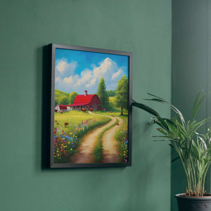 Telle une peinture divine, cette ferme paisible s'étend sous un ciel azur, où chaque brin d'herbe et chaque fleur racontent des histoires de calme et de sérénité, comme des vagues douces sur un océan vert