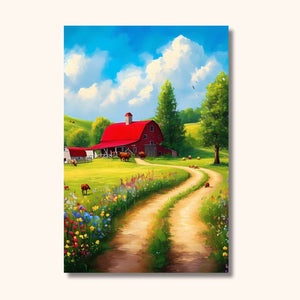 Telle une peinture divine, cette ferme paisible s'étend sous un ciel azur, où chaque brin d'herbe et chaque fleur racontent des histoires de calme et de sérénité, comme des vagues douces sur un océan vert