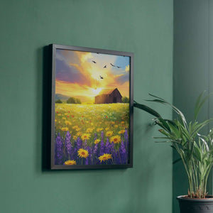 Un lever de soleil éclatant illumine un champ de fleurs sauvages, créant une symphonie de couleurs et de sérénité champêtre