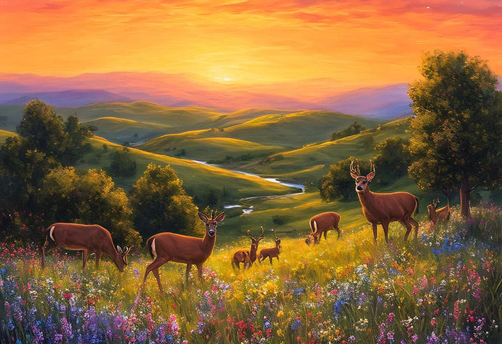 Dans la lumière dorée du crépuscule, une prairie de fleurs éclatantes s'étend à perte de vue, accueillant majestueusement des cerfs gracieux