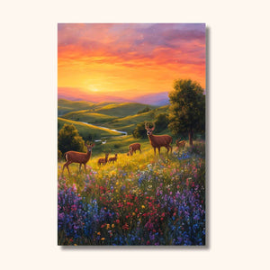 Dans la lumière dorée du crépuscule, une prairie de fleurs éclatantes s'étend à perte de vue, accueillant majestueusement des cerfs gracieux