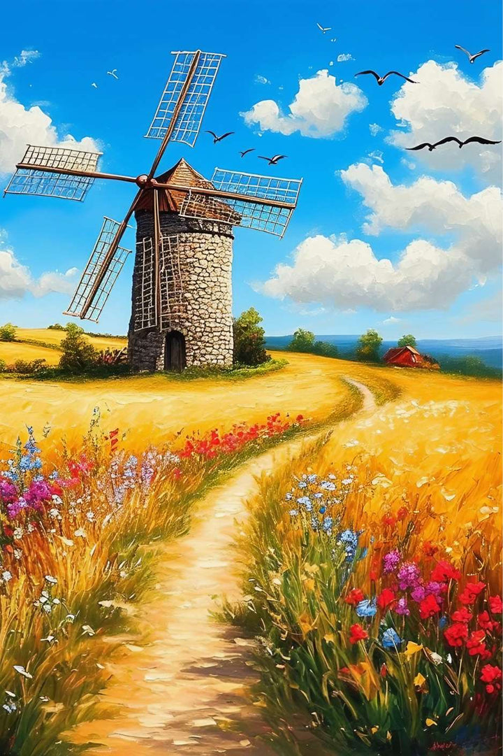 Chez nous le blé danse avec le vent et les fleurs chantent des ballades colorées c'est comme une fête des moissons permanente avec notre tableau de paysage