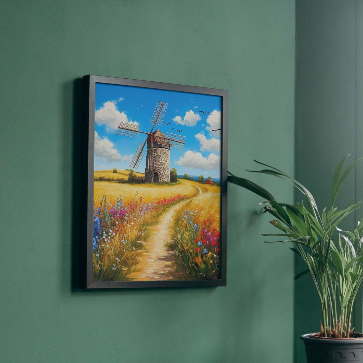 Chez nous le blé danse avec le vent et les fleurs chantent des ballades colorées c'est comme une fête des moissons permanente avec notre tableau de paysage