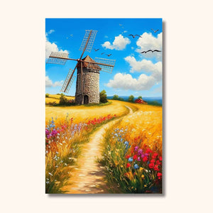 Chez nous le blé danse avec le vent et les fleurs chantent des ballades colorées c'est comme une fête des moissons permanente avec notre tableau de paysage