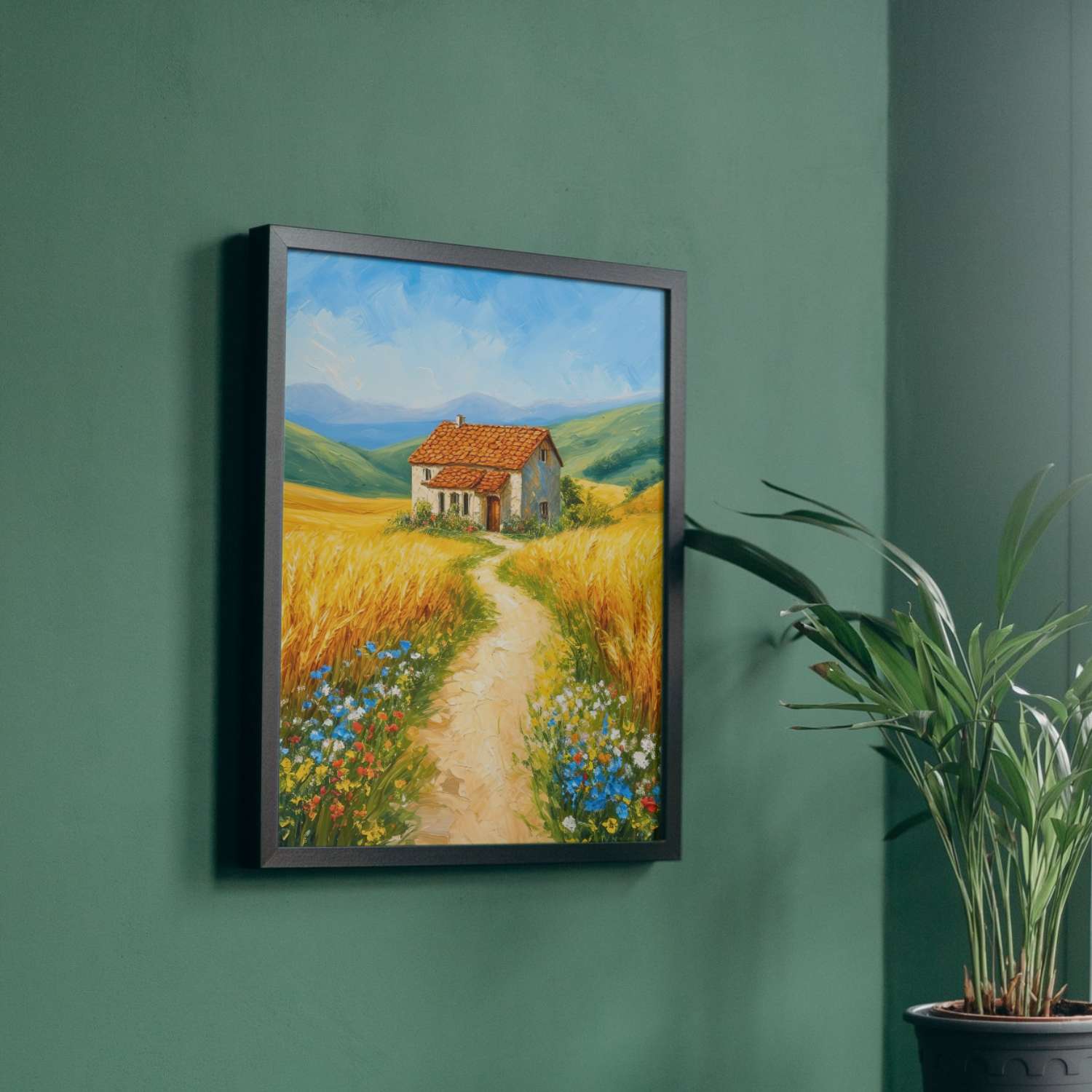 Sous un ciel bleu azur, la MAISON DU BONHEUR se dresse fièrement au milieu des champs dorés, encadrée par un sentier fleuri qui serpente jusqu'à sa porte, invitant à la sérénité et à l'émerveillement