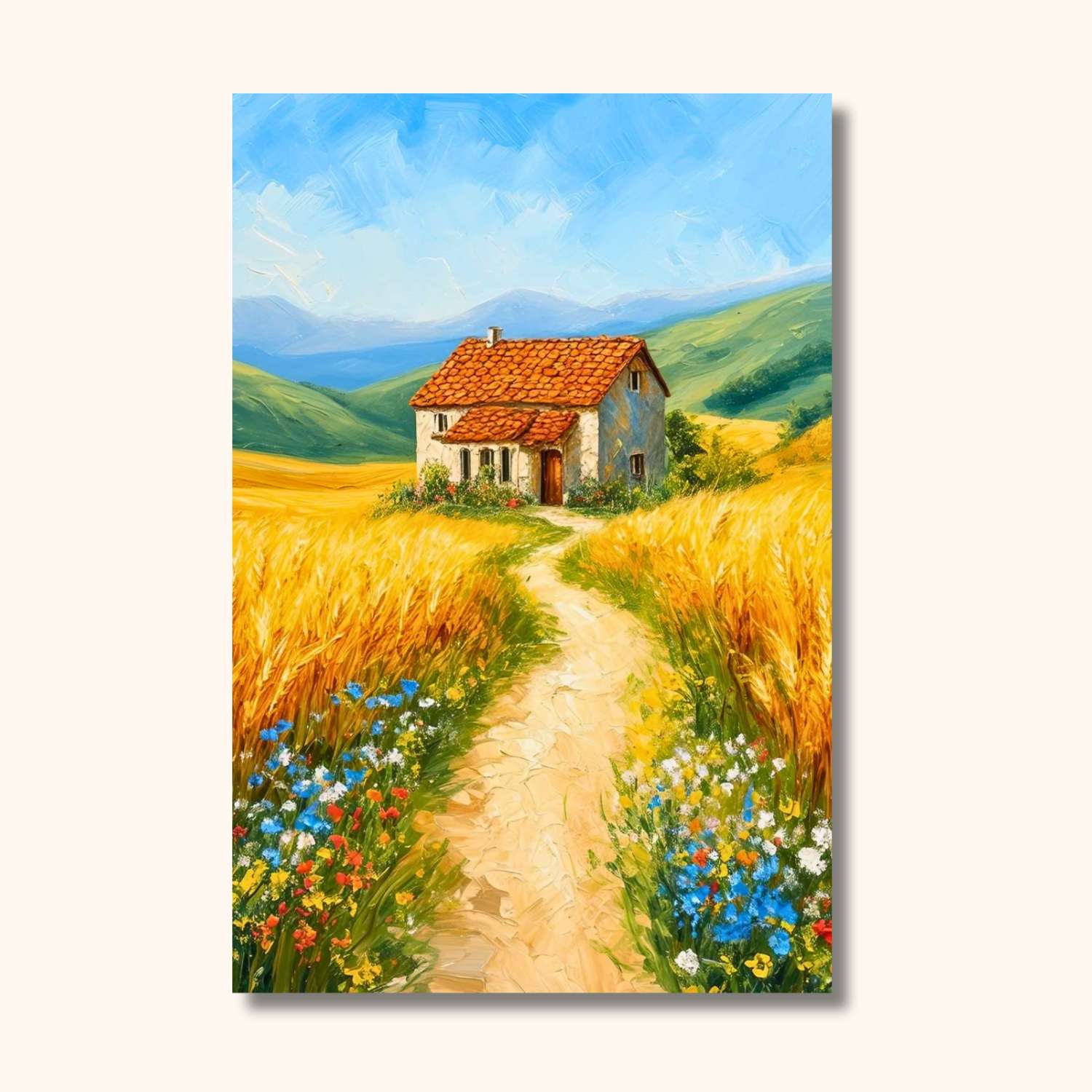 Sous un ciel bleu azur, la MAISON DU BONHEUR se dresse fièrement au milieu des champs dorés, encadrée par un sentier fleuri qui serpente jusqu'à sa porte, invitant à la sérénité et à l'émerveillement