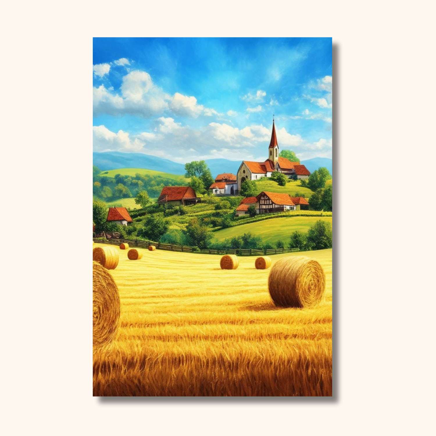 Un village pittoresque se dresse au cœur de champs dorés, où les ballots de paille parsèment le paysage sous un ciel azur et infini