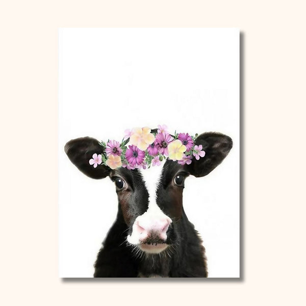 Tableau vache avec couronne de fleurs