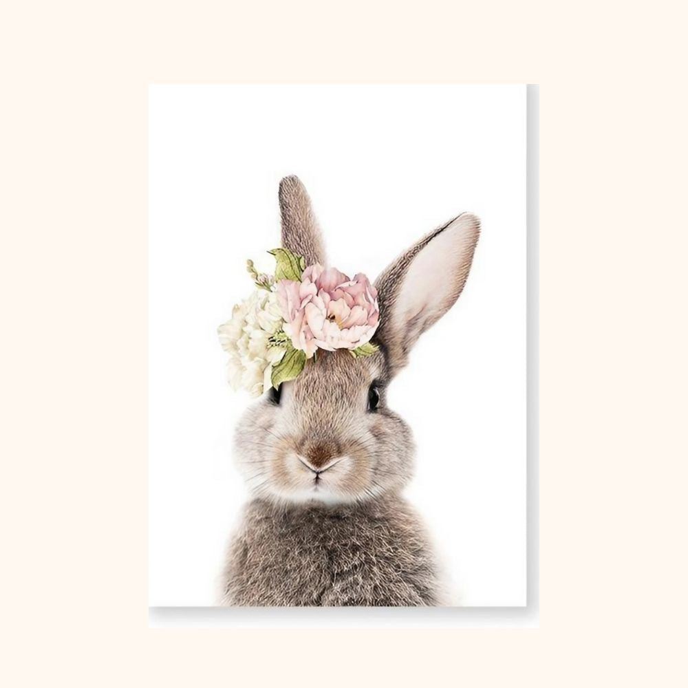 Tableau lapin marron et couronne de fleurs