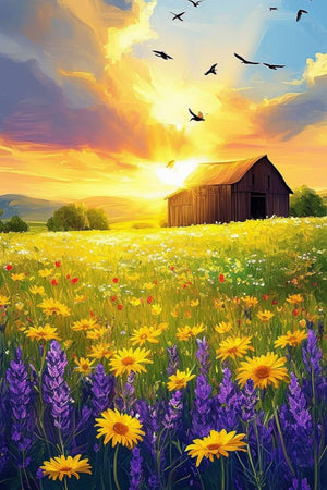 Un lever de soleil éclatant illumine un champ de fleurs sauvages, créant une symphonie de couleurs et de sérénité champêtre