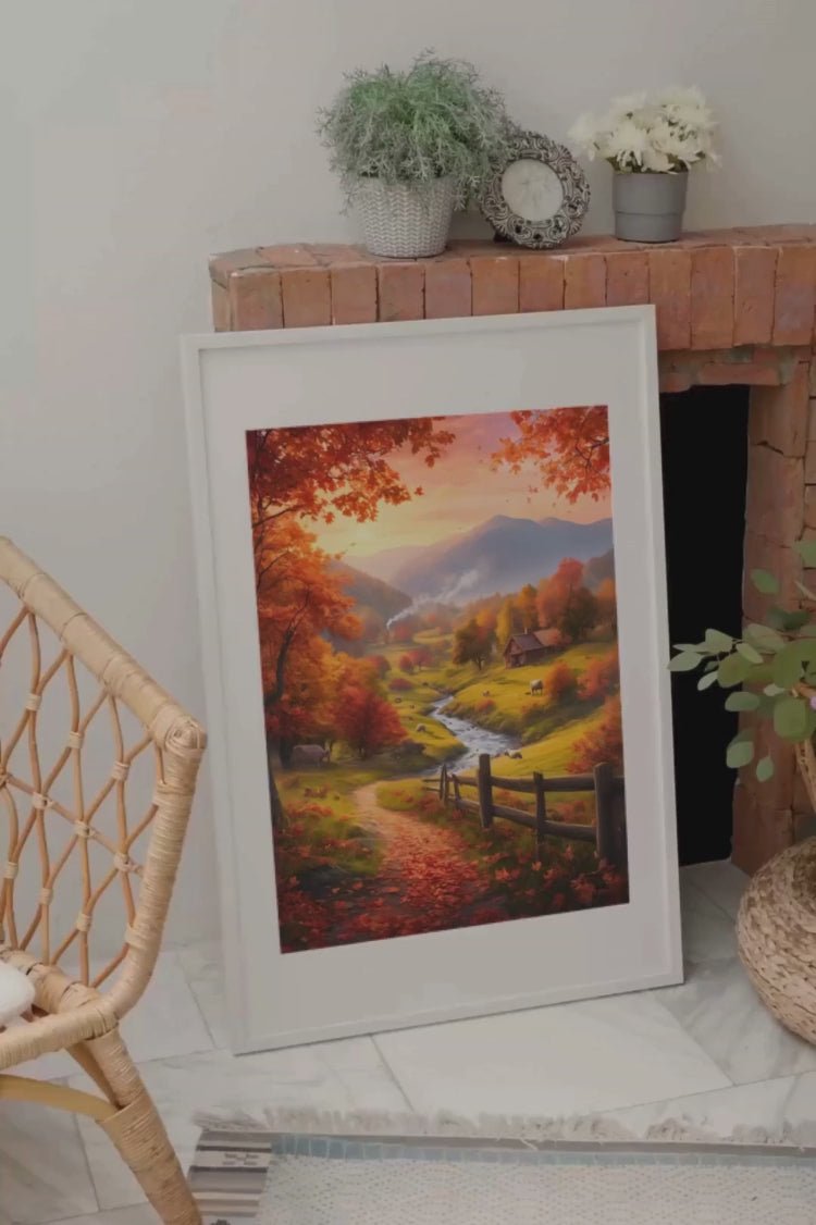 Un chemin bordé de feuilles rouges et dorées serpente vers une cabane pittoresque, tandis qu'une rivière scintillante traverse des prairies paisibles où les vaches se prélassent sous un ciel d'automne éclatant