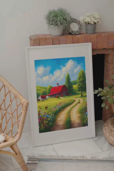 Telle une peinture divine, cette ferme paisible s'étend sous un ciel azur, où chaque brin d'herbe et chaque fleur racontent des histoires de calme et de sérénité, comme des vagues douces sur un océan vert