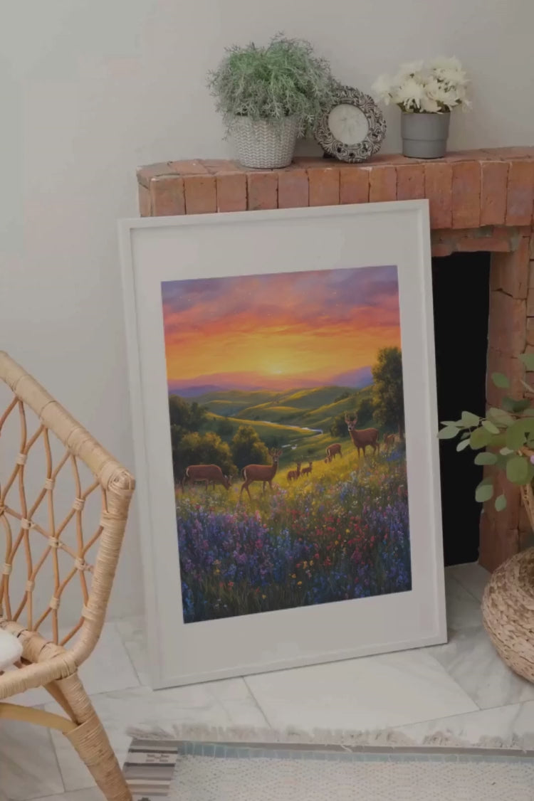 Dans la lumière dorée du crépuscule, une prairie de fleurs éclatantes s'étend à perte de vue, accueillant majestueusement des cerfs gracieux